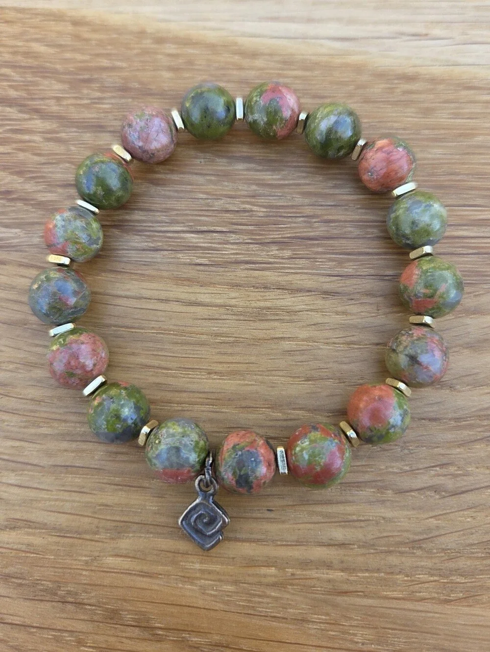 Green & Pink Unakite Beads Stretch Bracelet - Handcrafted
